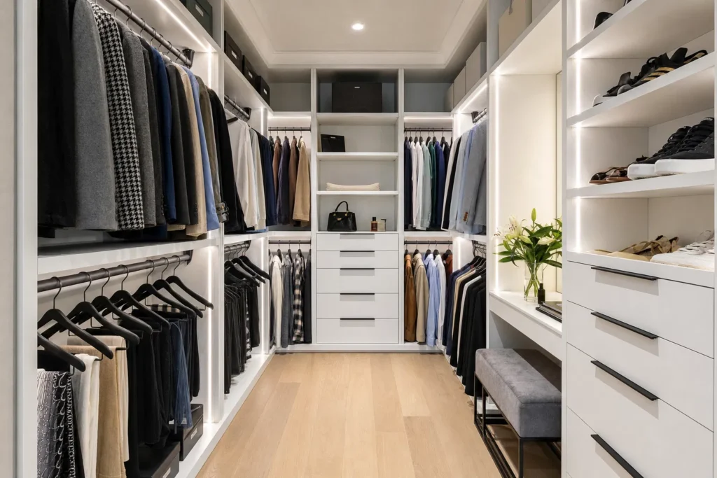 Custom walk-in closet system with lighting and built-in drawers in West Vancouver
