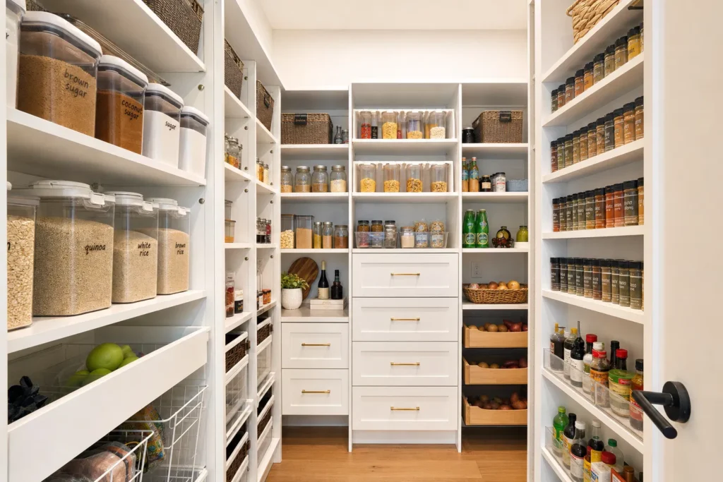 Organized custom pantry with pull-out drawers and labelled containers in Vancouver