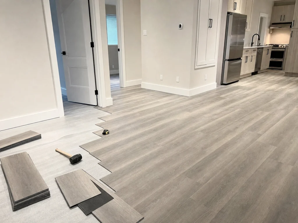 Luxury vinyl plank flooring installation in a Vancouver basement suite