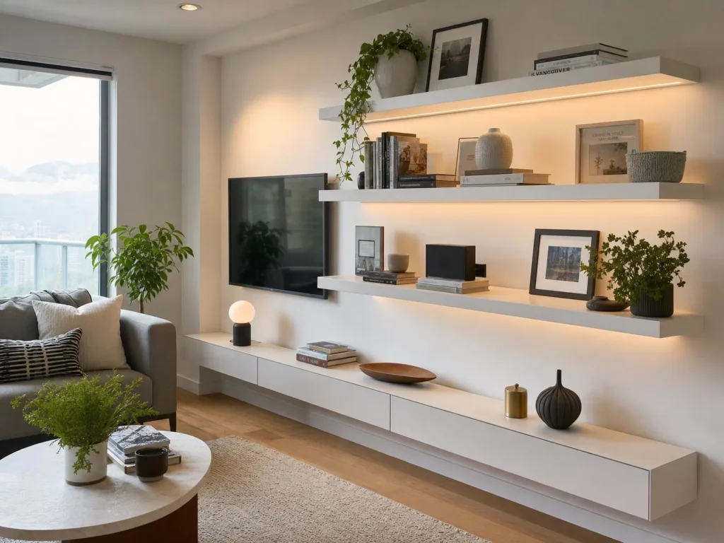Custom floating shelves installed in a modern North Vancouver living room