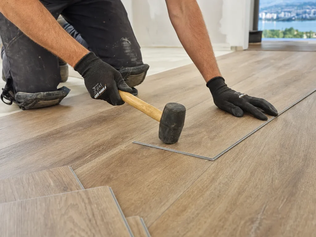 Handyman installing luxury vinyl plank flooring in a North Vancouver home